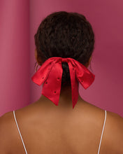 Load image into Gallery viewer, Holiday Satin & Rhinestone Bow Scrunchie