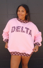 Load image into Gallery viewer, Pink/Brown Delta Polka Dot Mock Neck Sweatshirt