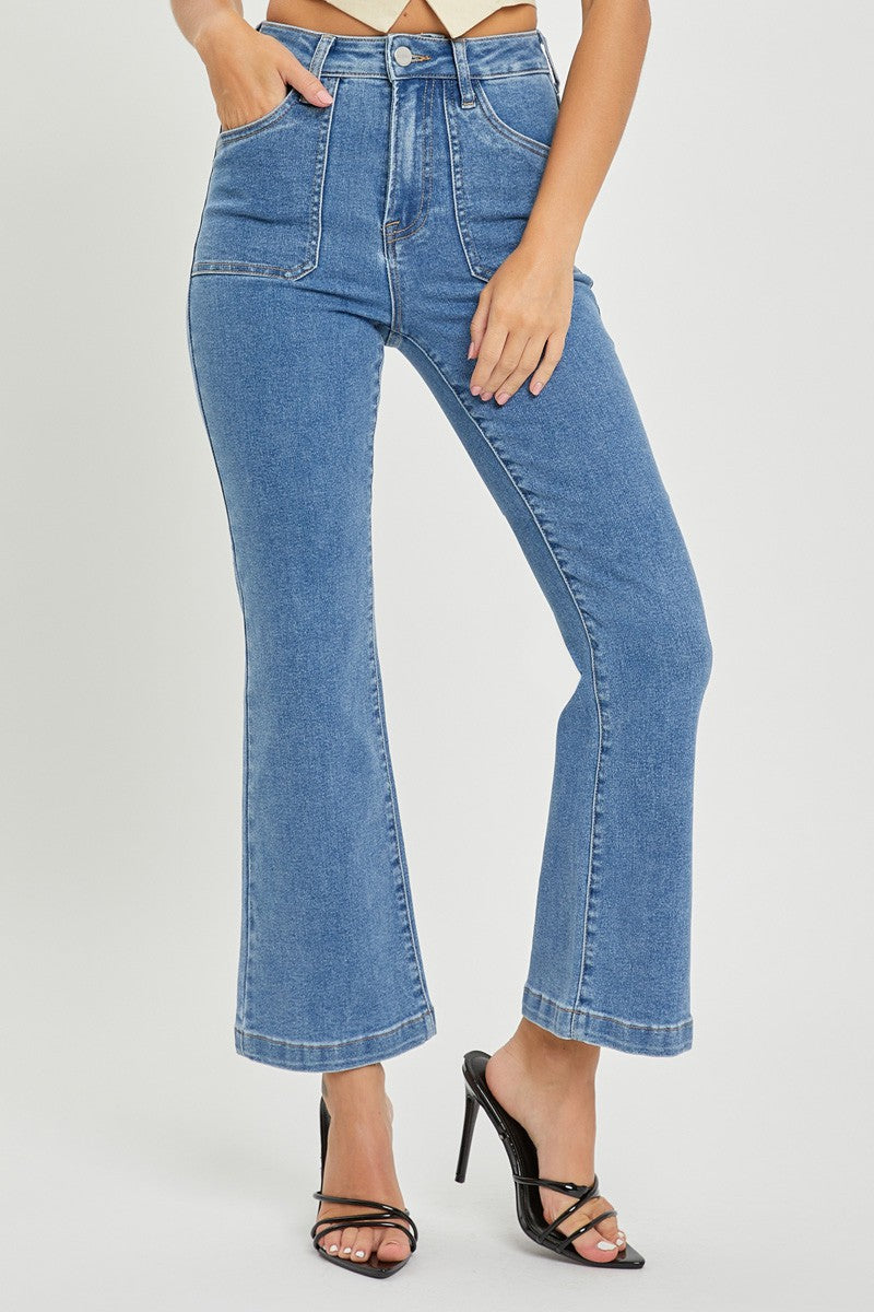 Risen Jeans - High Rise Front Patch Pocket Bell Bottom Pants - RDP5358