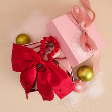 Load image into Gallery viewer, Holiday Satin & Rhinestone Bow Scrunchie