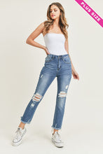 Load image into Gallery viewer, PLUS RISEN Jeans- Distressed Ankle Length High Rise medium wash raw hem jeans XRDP1096