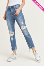 Load image into Gallery viewer, PLUS RISEN Jeans- Distressed Ankle Length High Rise medium wash raw hem jeans XRDP1096