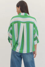 Load image into Gallery viewer, Kelly Green/ baby blue Striped button down boxy top
