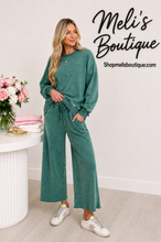 Load image into Gallery viewer, Washed dark green fleece two piece cropped wide leg sweatsuit
