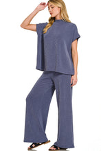 Load image into Gallery viewer, Denim blue mock neck ribbed two piece set

