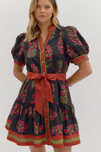 Load image into Gallery viewer, Floral Elegance- Black Floral pattern contrast hem button down dress
