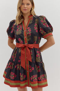 Floral Elegance- Black Floral pattern contrast hem button down dress