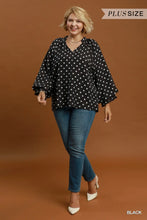 Load image into Gallery viewer, UMGEE Plus Black Polka Dot Split Neck Blouse with Ruffle Cuffs
