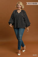 UMGEE Plus Black Polka Dot Split Neck Blouse with Ruffle Cuffs