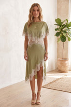 Load image into Gallery viewer, Cut out lace detail pistachio satin dress
