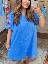 Load image into Gallery viewer, PLUS BELLA- ocean blue Checkered Seersucker Bubble Sleeve Embroidery Short Dress
