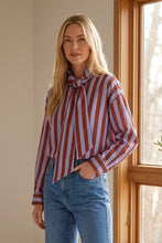 Load image into Gallery viewer, Bow neck striped button up top
