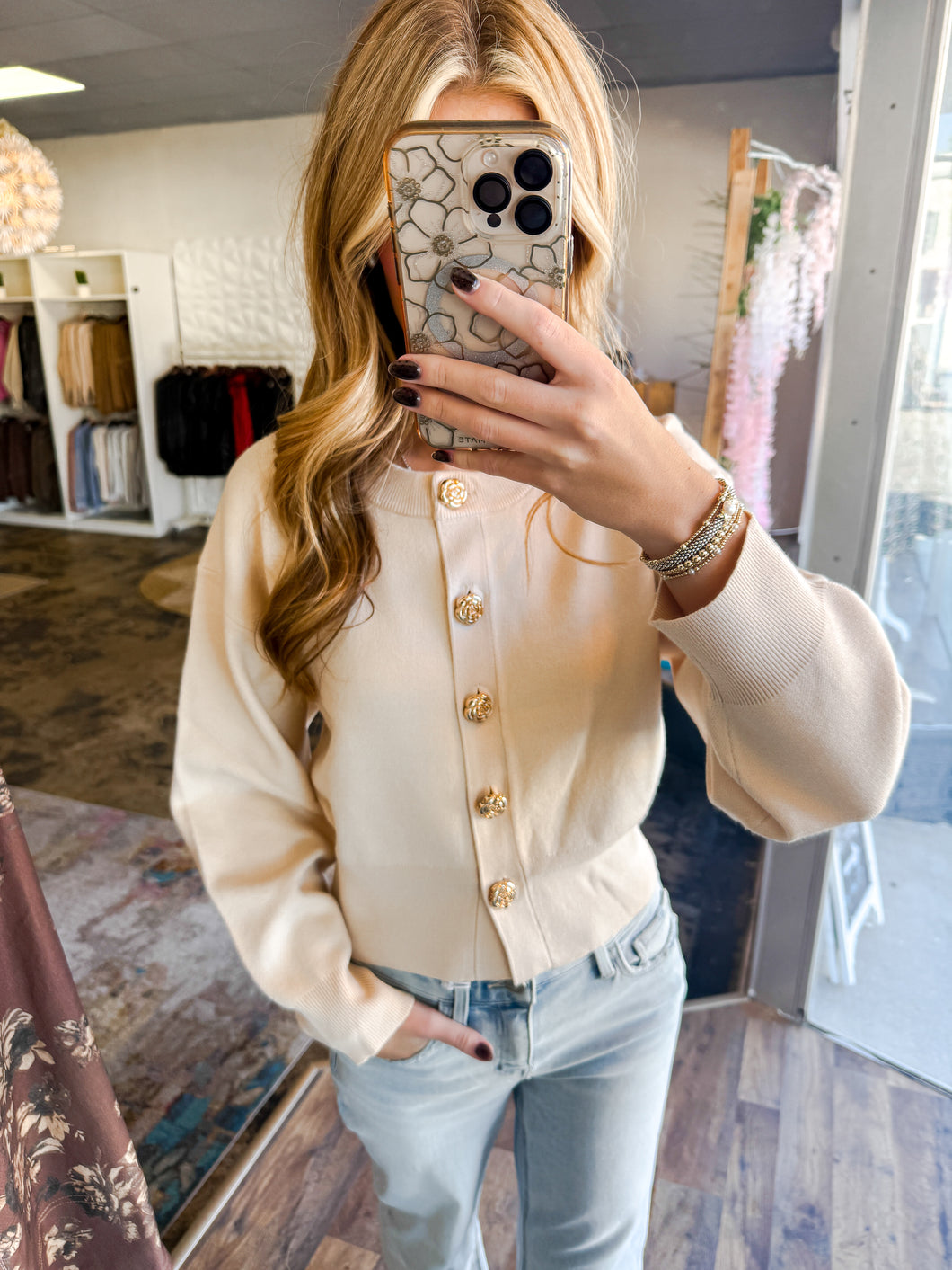 Hattie- Cream cropped cardigan featuring gold accent button front closure