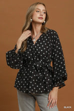 Load image into Gallery viewer, UMGEE Black Polka Dot Split Neck Blouse with Ruffle Cuffs
