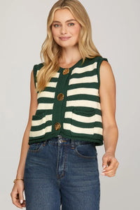 LALA- Hunter Green large Gold button Down Striped Vest