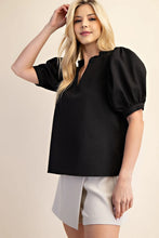 Load image into Gallery viewer, Black Puff Sleeve Ruffle V-Neck Textured Top
