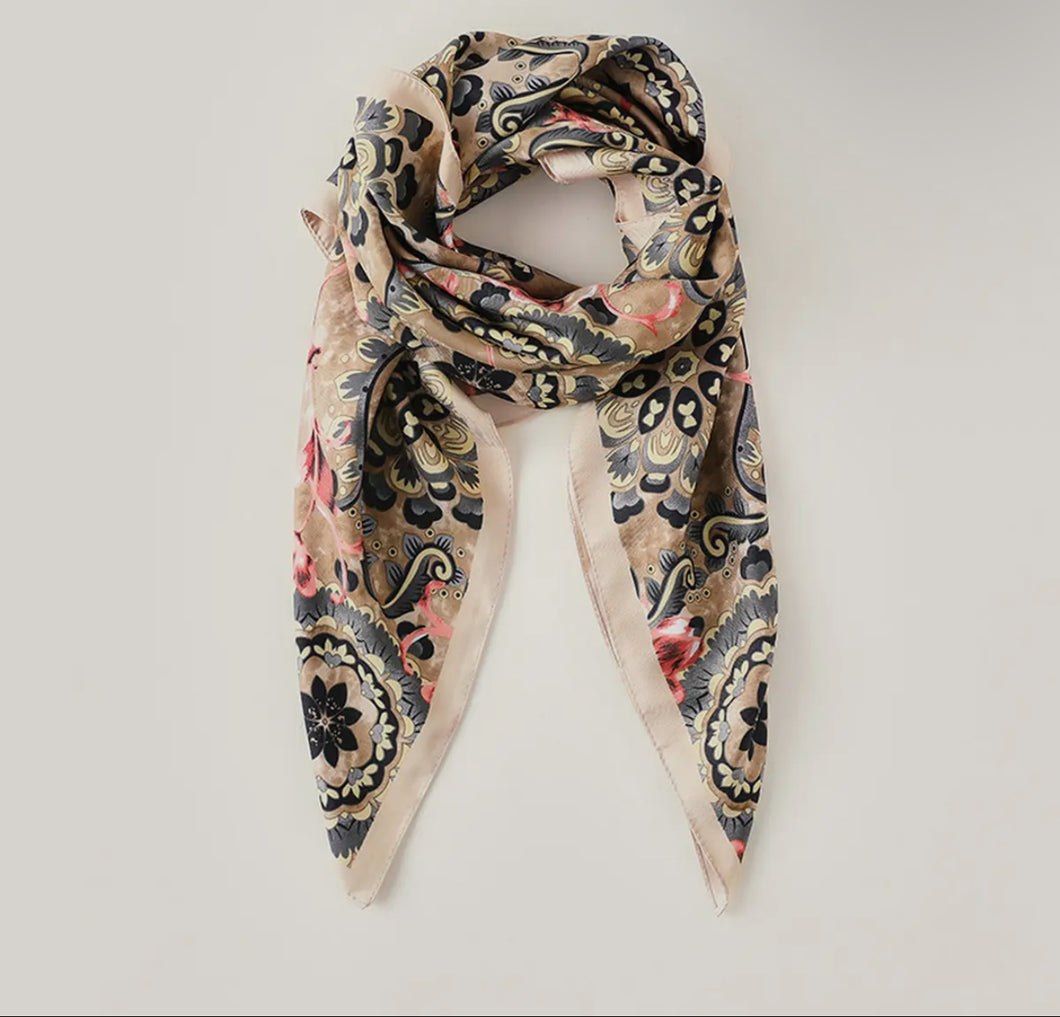 Flower Print Small Neck Silk Scarf Pink Square