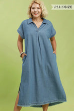Load image into Gallery viewer, Plus Stone Washed Collared Denim Midi Dress
