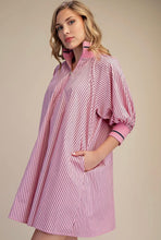 Load image into Gallery viewer, Pink Mock Neck Puff Sleeve striped Mini Dress
