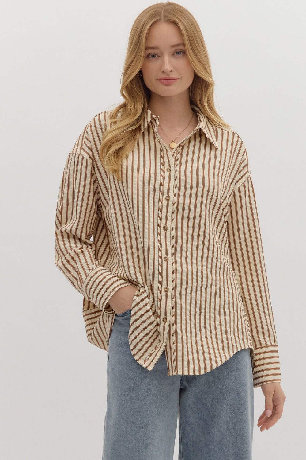Oxford- Chocolate striped textured button up top