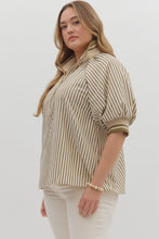 Load image into Gallery viewer, Plus Belle- Olive Stripe pattern half-zip closure short puff sleeve top
