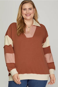 PLUS TYRA - Cinnamon COLOR BLOCK SLEEVE V NECK FRENCH TERRY SWEATSHIRT