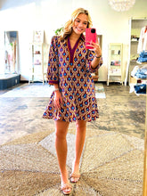 Load image into Gallery viewer, Maya- Wine Geometric print long puff sleeve mini dress
