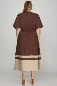 Plus Elen- Brown BUBBLE SLEEVE FRONT ZIP COLOR BLOCK MIDI DRESS WITH SIDE ZIPPER AND POCKETS