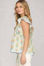 Load image into Gallery viewer, Monaco- flutter sleeve blue and orange printed top
