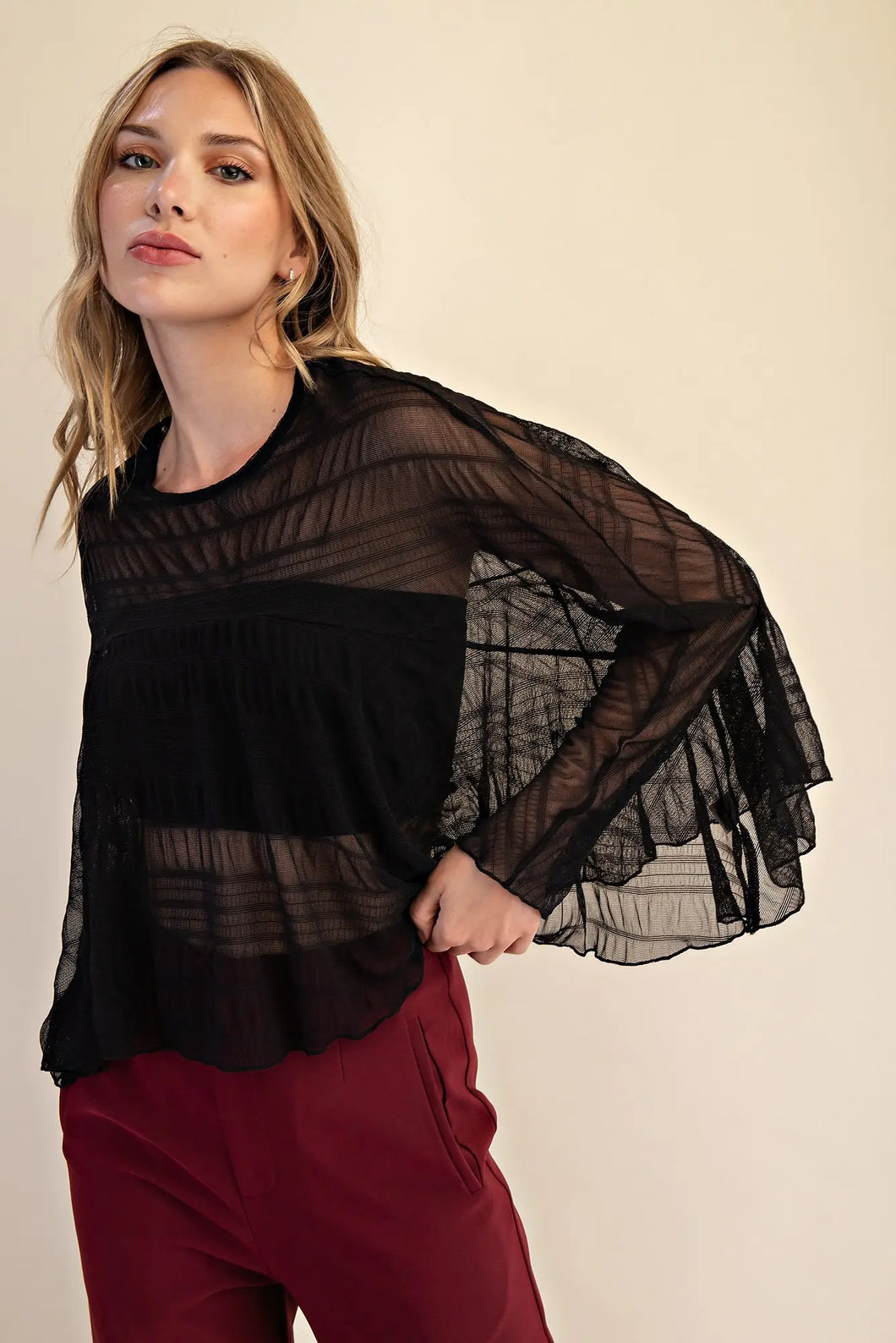 Kiki-Black Oversized sheer textured top