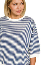 Load image into Gallery viewer, Navy quarter sleeve STRIPE CONTRAST TRIM RIB BANDED TOP
