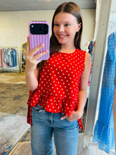 Load image into Gallery viewer, Red polka dot side tie detail peplum top
