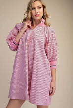 Load image into Gallery viewer, Pink Mock Neck Puff Sleeve striped Mini Dress
