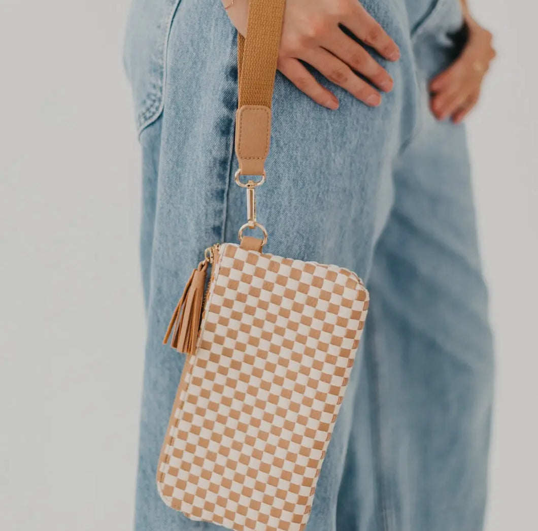 Pretty Simple- Emma woven tan checkered clutch wristlet