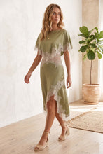 Load image into Gallery viewer, Cut out lace detail pistachio satin dress
