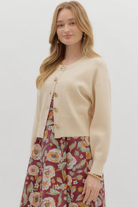 Hattie- Cream cropped cardigan featuring gold accent button front closure