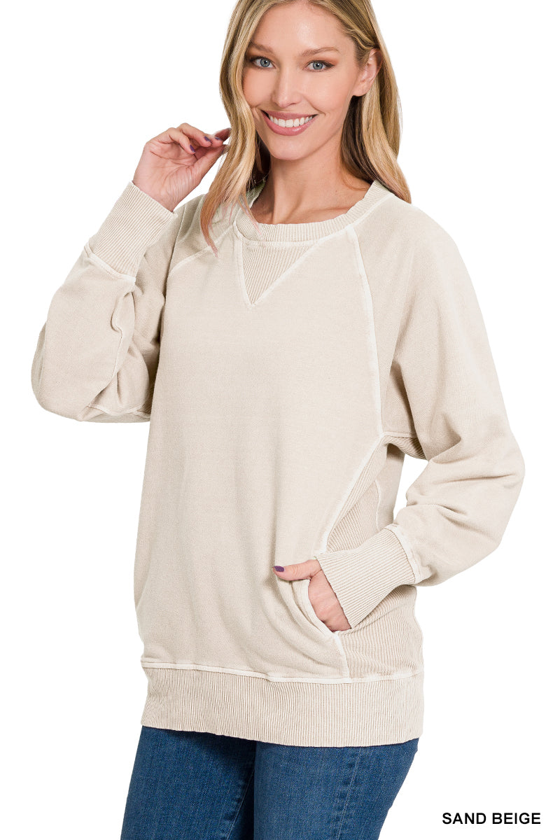 ZENA- Sand Beige pigment dye French Terry sweatshirt with pockets