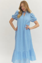 Load image into Gallery viewer, ENTRO- Blue Eyelet short puff sleeve midi dress
