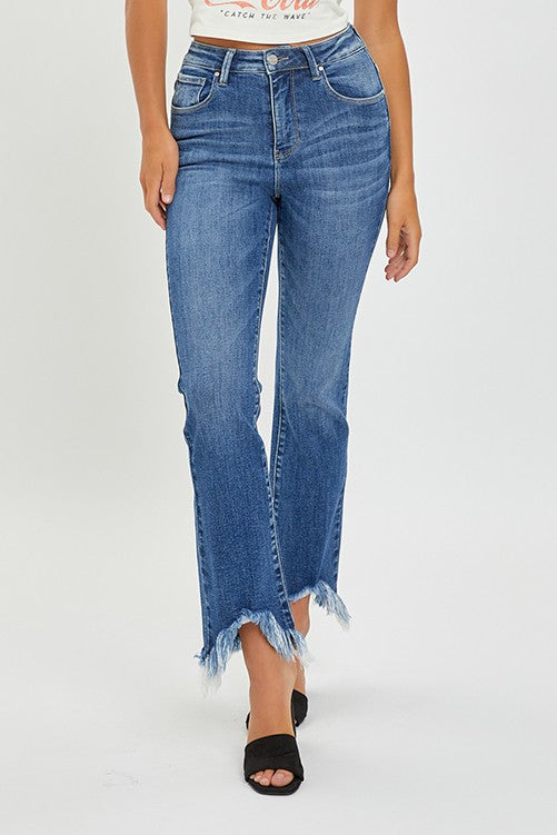 PLUS Risen Jeans- High Rise medium wash solid fray hem ankle jeans