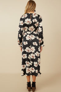 HAYDEN- Black Floral Midi length cinched cuff dress