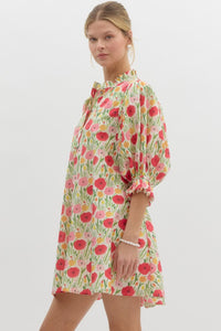 GLORY- Floral print elasticated ¾ sleeve pullover mini swing dress