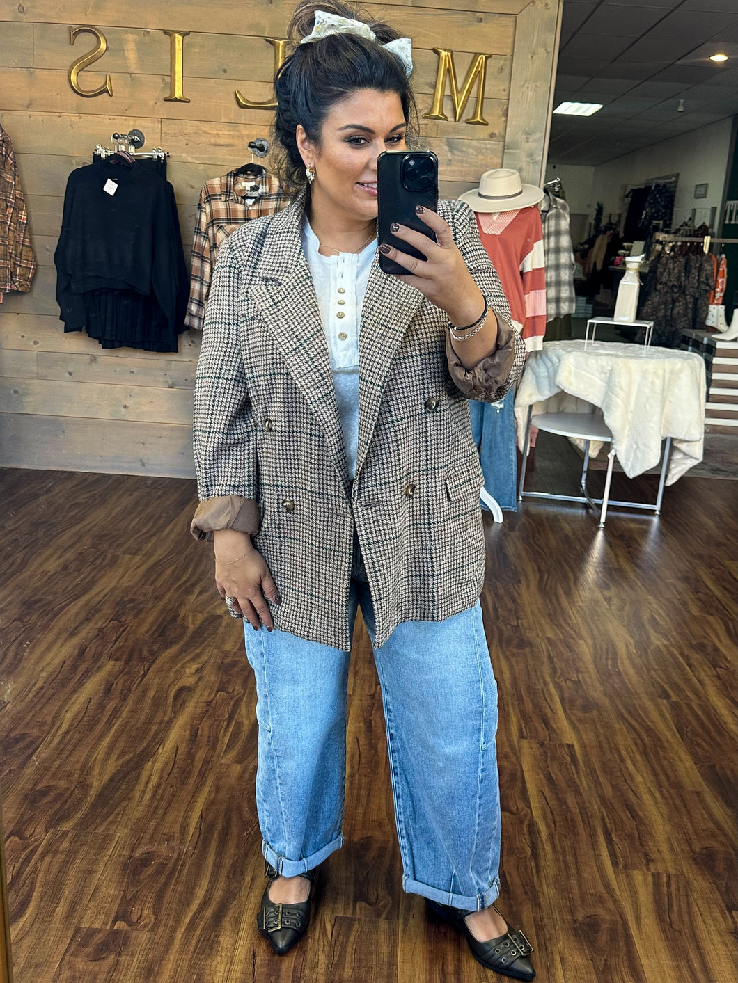 Check Oversized earthtone wool tone Blazer 1016