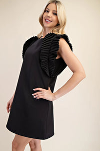 ANNA- Black pleated shoulder fully lined mini dress