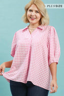 Plus Gingham print Peony and white collar top