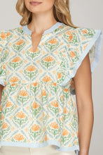 Load image into Gallery viewer, Monaco- flutter sleeve blue and orange printed top
