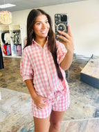 Gingham print two piece pink shorts set