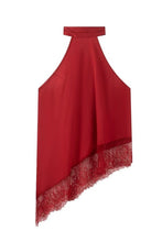 Load image into Gallery viewer, Red asymmetric lace hem halter top

