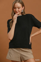 Load image into Gallery viewer, UMGEE black Scalloped pink trimmed Puff Sleeve Knit Sweater Top
