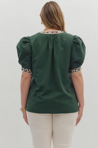 NALA - Hunter Green animal print pipping detail top