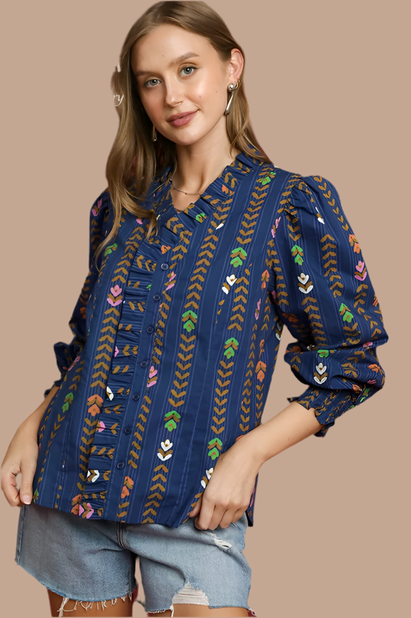 Lala Top- Umgee exclusive midnight printed Victorian collared top